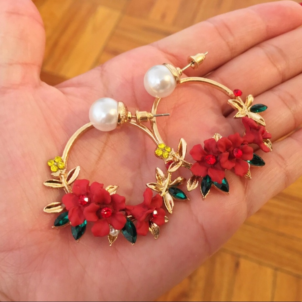 5 for $25 Red Hoop Flower Earrings - Picture 4 of 5